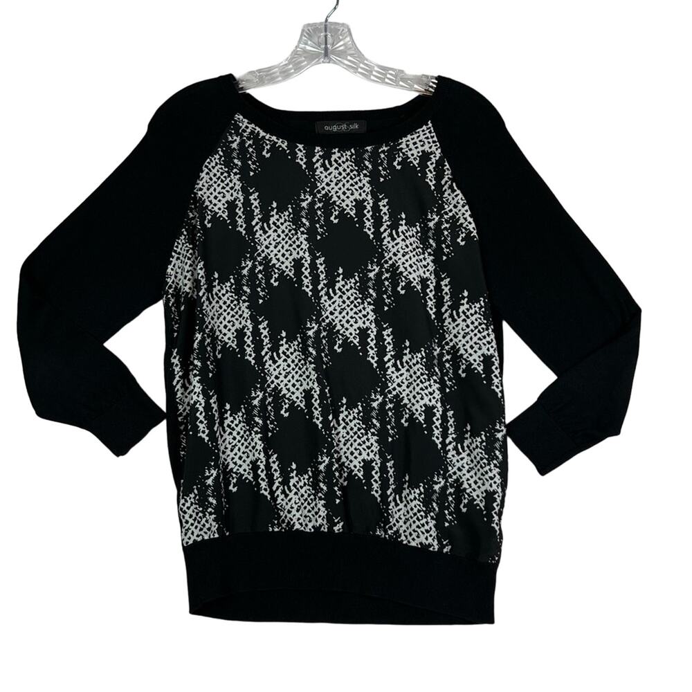 August Silk Sweater Top Womens Medium Black Check Long Sleeve